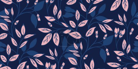 Abstract artistic branches with leaves and tiny buds intertwined in seamless pattern. Vector hand drawn silhouettes, shape. Creative simple dark blue forest leaf stems printing. Template for design