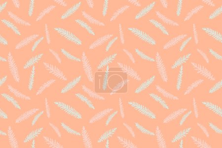 Abstract tiny branches leaves fir random scarlet in a seamless pattern. Vector hand drawn sketch. Minimalist simple flat botanical patterned on a orange peach background.Collage for designs, printing