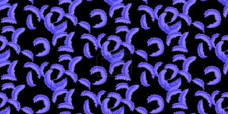 Azul barroco patrón inconsútil de formas monograma. Textura artística abstracta retorcida sobre un fondo negro. Vector dibujado a mano. Impresión decorativa de adornos. Plantilla Collage para textil,