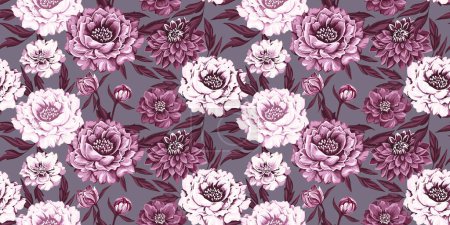 Artistic abstract flowers and leaves seamless pattern. Vector hand drawn illustration. Blooming burgundy floral printing on gray background. Template for designs, fashion, fabric, wallpaper