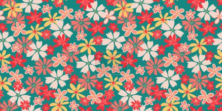 Colorful summer seamless pattern with abstract shapes groovy flowers. Vector hand drawn sketch. Cute floral printing on a green background. Template for designs, notebook cover, childish textiles