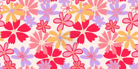 Colorful simple seamless pattern with shapes abstract creative flowers. Vector hand drawn sketch doodle. Summer groovy floral printing. Template for designs, notebook cover, childish textiles