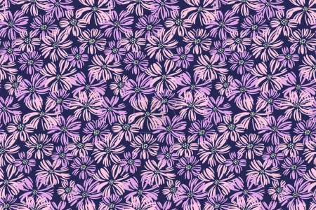 Ilustración de Creativas flores simples prado patrón sin costura. Impresión floral cómica abstracta sobre fondo violeta. Dibujo dibujado a mano vectorial. Plantilla para diseños, textil, moda, diseño de superficies, tela - Imagen libre de derechos