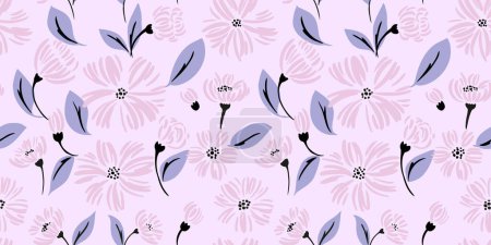 Ilustración de Resumen creativo minimalista formas flores y hojas, brotes patrón sin costuras. Pastel púrpura simple impresión floral. Dibujo dibujado a mano vectorial. Plantilla para diseños, tela, moda, textil, papel pintado - Imagen libre de derechos