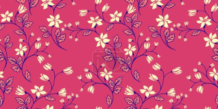 Artistic abstract creative tiny branches flowers and leaves seamless pattern. Vector hand drawn. Colorful simple wild floral stems pink printing. Template for designs, fabric, fashion, surface design