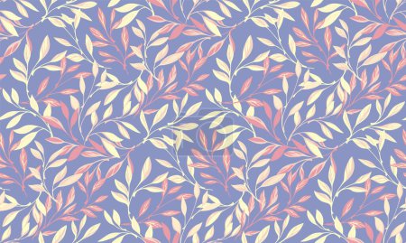 Colored floral leaf branches intertwined in a seamless pattern. Abstract, artistic forest leaves stems on a violet background. Nature botanical patterned. Vector hand drawn. Template for designs