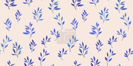 Abstract blue tiny leaves branches seamless pattern. Vector hand drawn sketch. Minimalist isolate leaf stems light printing. Template for designs, collage, patterned