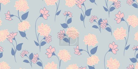 Abstract artistic tiny branches with ditsy flowers, buds and leaves seamless pattern. Vector hand drawn. Pastel blue printing with wild floral stems. Template for designs, fabric, children textile