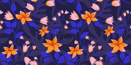Blossoms abstract branches with flowers, tiny bells and leaves intertwined in a seamless pattern. Vector hand drawn. Colorful wild floral stems printing. Template for designs, fabric, surface design