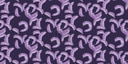 Creative artistic baroque seamless pattern of minimalist forms monogram. Vintage abstract textured twisted background. Vector hand drawn. Decorative ornament violet printing. Collage template