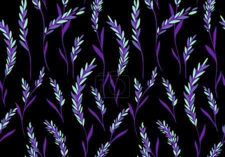 Creative abstract artistic plants cereals seamless pattern on a black background. Hand drawn sketch vector small branches with tiny shapes leaves. Template for design, fabric, printing,