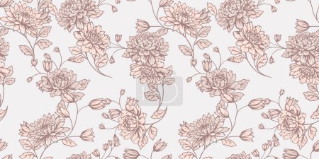 Pastel beige floral stems seamless pattern. Vector hand drawn. Artistic, abstract large flowers and tiny leaves, buds printing. Template for designs, fabric, fashion, textile, wallpaper