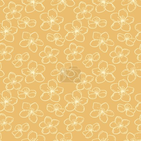 Yellow seamless pattern with simple artistic flowers lines. Vector hand drawn sketch outlines. Abstract contour silhouette floral ornament. Template for design, fabric, printing, surface design