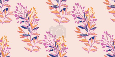 Colorful artistic abstract leaves and branches seamless pattern. Vector hand drawn. Creative bouquets floral stems printing on a light background. Template for designs, textile, fabric
