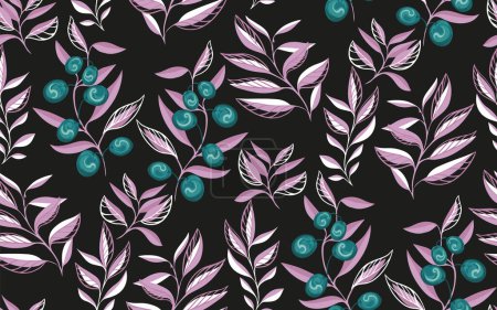 Abstract artistic branches with olive berries, leaf stems seamless pattern on a black background. Creative purple tropical botanical printing. Vector hand drawing sketch. Template for designs, textile