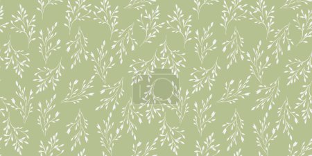 Pastel seamless pattern with gently tiny branches and small leaves. Abstract little floral stems printing on a green, mint background. Vector hand drawing. Simple ornament for designs, fabric