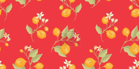 Tropical yellow lemons on branch with leaves scattered randomly on a seamless pattern. Vector hand drawing illustration. Abstract artistic citrus fruit repeated printing on a red background.