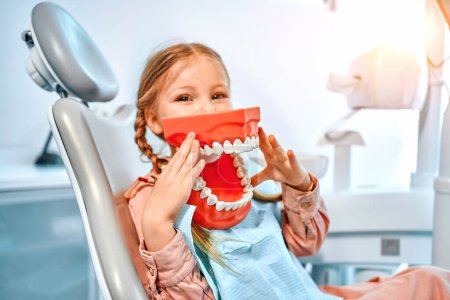 Portrait of a girl holding a model of a jaw with teeth while sitting in a dental office, looking at the camera and smiling. Children's dentistry. Copy space.