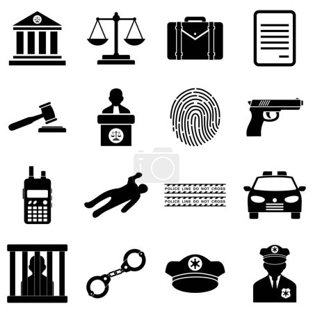Téléchargez les illustrations : Police, criminel et droit icône ensemble vectoriel symbole - en licence libre de droit