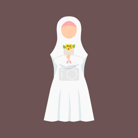 Téléchargez les illustrations : Mariée musulmane en robe blanche tenant bouquet de fleurs. Mariage de mariée arabe dans le style dessin animé. - en licence libre de droit