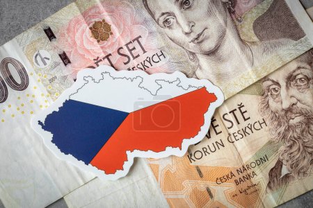 Foto de Czech flag against the background of money, The concept of strengthening the Czech crown, The strongest currency in Eastern Europe - Imagen libre de derechos