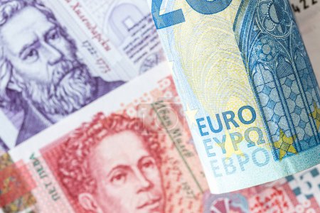 Foto de Euro banknotes and Bulgarian leva, Concept, Bulgaria's entry into the Eurozone, Adoption of the single European currency - Imagen libre de derechos