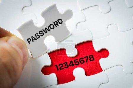 Photo for Account password, word "password" on puzzle pieces, simple password "12345678" account security, risk of data interception, email hacking or account hacking - Royalty Free Image