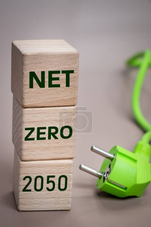 Téléchargez les photos : Net zero 2050, Écrit sur des blocs de bois, Concept environnemental, câble vert, symbole d'énergie renouvelable, fond couleur capuccino - en image libre de droit