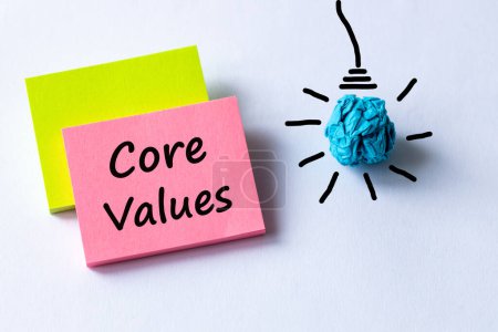 The Core Values text on colored sticky notes next to the light bulb icon, Copy space