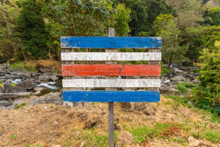 Téléchargez les photos : Costa Rica, Symbole du pays, Couleurs du drapeau national peint sur une palette de bois sur fond de jungle - en image libre de droit