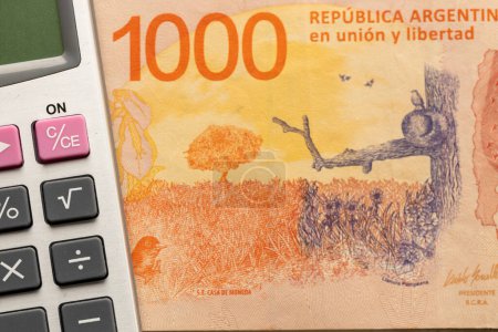 Argentinisches Geld, tausend argentinische Pesos Banknote und Taschenrechner, Finanzberechnungskonzept, Nahaufnahme, flache Lage