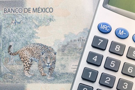 Téléchargez les photos : Banque du Mexique, Jaguar symbole sur mille pesos billet et calculatrice, Concept de calcul financier - en image libre de droit