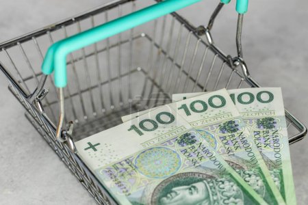 Finanzkonzept, Inflationsrate in Polen, Preise in Geschäften, Leerer Warenkorb und polnische 100-Zloty-Banknoten