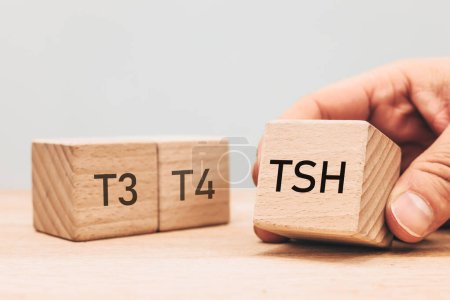 Photo for TSH, diagnosis of thyroid diseases, medical examination of t3 and t4, production and secretion of hormones, hypothyroidism or hyperthyroidism, Wooden blocks with text. Regular health examination - Royalty Free Image