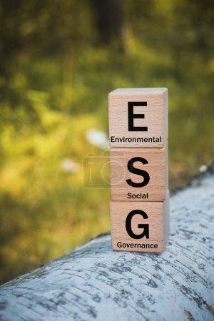 Foto de ESG, El concepto de gobierno ambiental, social y corporativo, La idea de desarrollo sostenible de la empresa, foto vertical, palabras ESG en un bloque de madera, fondo de bosque natural - Imagen libre de derechos