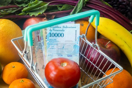 Venezolanisches Geld im Einkaufswagen, Gemüse und Obst, Konzept, Wachsende Lebensmittelpreise in Venezuela, Nahaufnahme