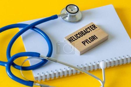 Photo for Medical stethoscope, notebook and inscription on wooden blocks Helicobacter Pylori, Bacteria multiplying in the stomach - Royalty Free Image