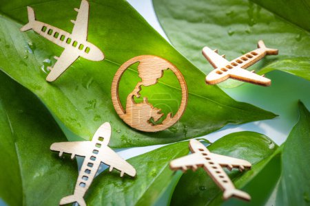 Airplane and planet earth symbol on green leaves, Airplane flight carbon footprint, Wooden airplane icon, Concept of reducing co2 emissions while traveling