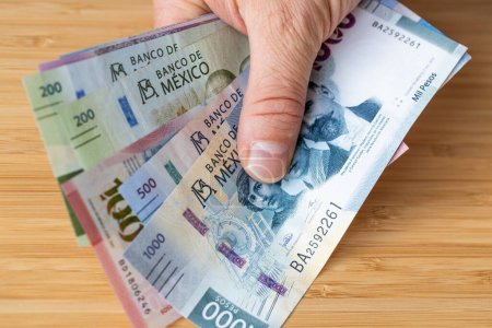 Mexique monnaie tenue en main, divers billets en pesos