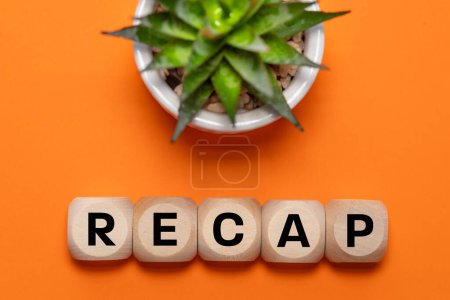 Recap symbol, Conceptual word ,Recap, on wooden cubes, Beautiful orange background with succulents, Business concept, Business summary, copy space, flat lay