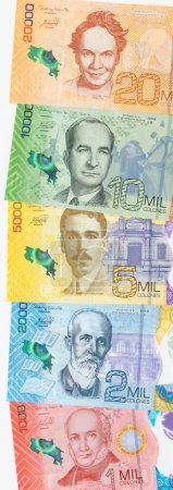 costa rica money, neue costa rica banknoten, vertikales panorama, banner für finanzgeschäfte, close up