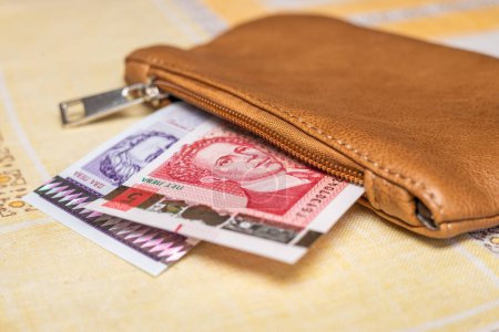 Frauenhandtasche mit kleinen Geldscheinen verschüttet. Finanzkonzept, Bulgarien Geld, bulgarischer Lew, Heimatbudget