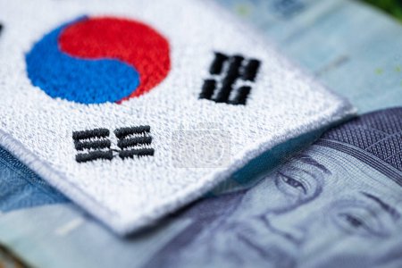 Corea del Sur ganó y el símbolo de Corea del Sur, concepto financiero relacionado con Corea, primer plano