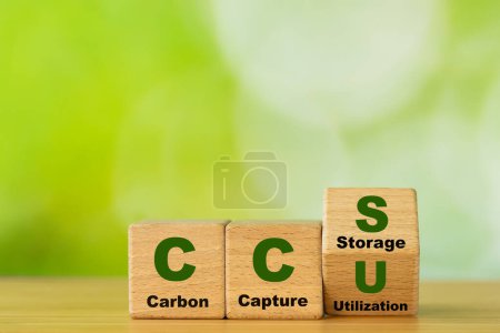 Les cubes en bois forment le symbole CCU (utilisation du captage du carbone) et CCS (stockage du captage du carbone). Concept d'entreprise environnemental, Action zéro net, Économiser l'énergie, énergie verte, réduire l'empreinte carbone