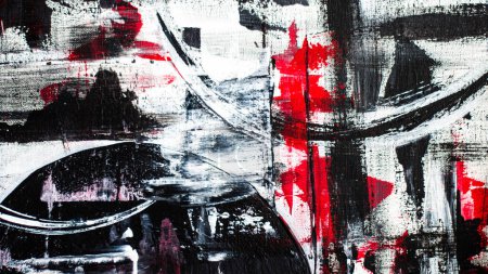 Abstract background on a rough canvas. Paint strokes, stains, lines, stripes, waves, circles. Colors red, white, black. Chaos, war, confusion, revenge, lies.