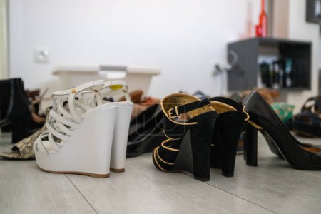 Photo for Group of shoes with high heels, color green and blue. High quality photo - Royalty Free Image