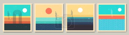 Illustration for Vector illustration. Bauhaus. Mid century modern graphic. 70s retro funky graphic. Grunge texture. Minimalist landscape set. Abstract shapes. Design elements for social media, blog post, banner, card - Royalty Free Image