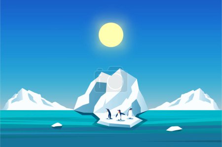 Illustration for Climate change is real. Penguin on  melting mountain ice and sea level rising at daylight vector illustration - Royalty Free Image