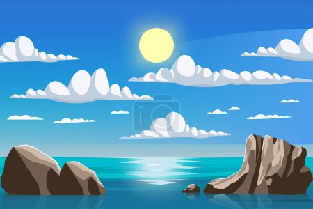 Téléchargez les illustrations : Paysages océaniques de la mer à la lumière du jour avec le soleil et les nuages illustration vectorielle de fond - en licence libre de droit
