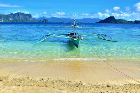 Téléchargez les photos : Belle vuew de plage de sable avec de l'eau bleue et des palmiers aux Philippines - en image libre de droit